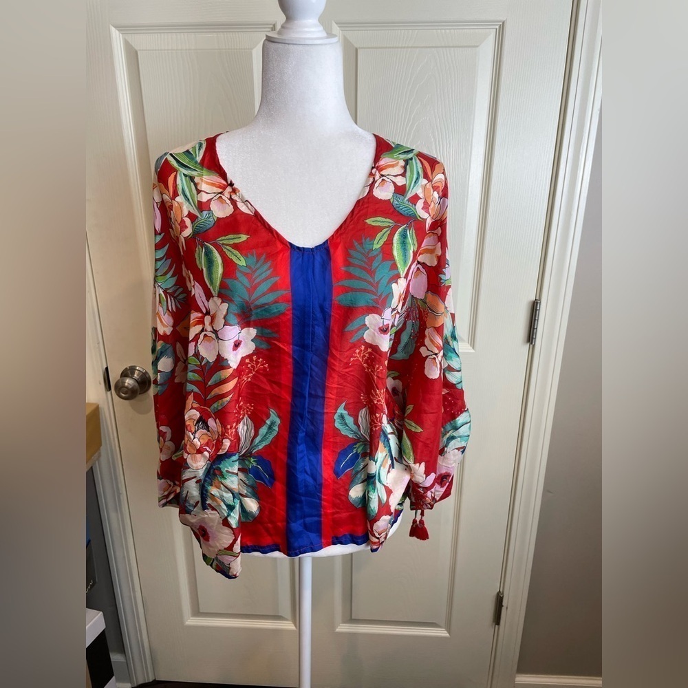 Johnny Was Evy Silk Floral V-Neck Blouse - Red and Blue - Picture 2 of 10